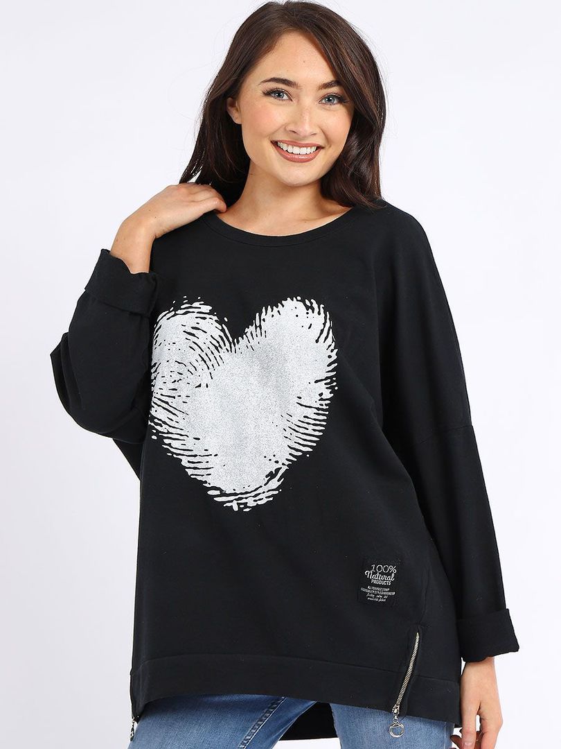 Fingerprint Cotton Heart Sweater Black image 2